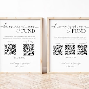 Szablon znaku kodu QR dla funduszu miesiąca miodowego, minimalistyczny znak prezentu gotówkowego na ślub, niestandardowy znak miesiąca miodowego, znak kodu QR dla prezentu gotówkowego na ślub miesiąca miodowego
