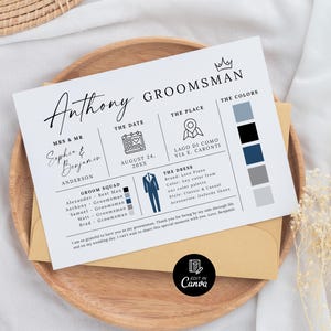 K&ouml;nnte beinhalten: Eine Hochzeitseinladungskarte mit dem Namen "Anthony" in eleganter Schrift. Die Karte enth&auml;lt Details wie Datum, Ort und Farbpalette sowie eine Anzugsgrafik. Auf einem Holztablett.
