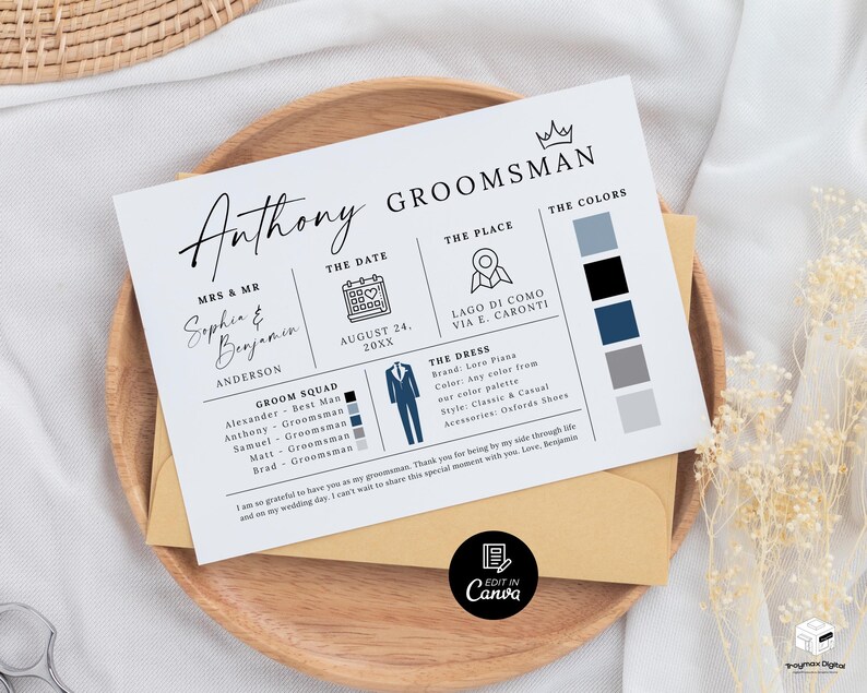K&ouml;nnte beinhalten: Eine Hochzeitseinladungskarte mit dem Namen "Anthony" in eleganter Schrift. Die Karte enth&auml;lt Details wie Datum, Ort und Farbpalette sowie eine Anzugsgrafik. Auf einem Holztablett.