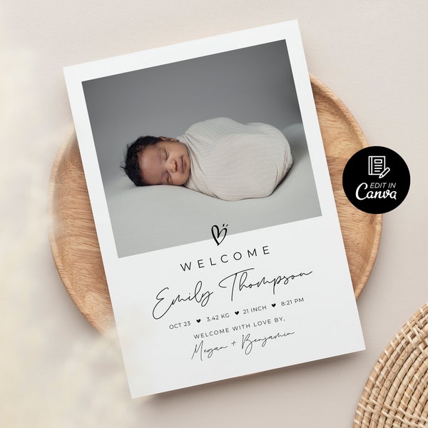 Tarjeta de estadísticas de nacimiento imprimible, anuncio de bebé recién nacido, descarga instantánea de Canva de nacimiento bohemio simple, plantilla de anuncio de nacimiento con foto editable