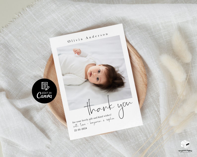 May include: A white thank you card with a photo of a baby girl in a white onesie. The text on the card reads "Olivia Anderson" and "thank you for your lovely gift and kind wishes! with love - baryanen & sophia 22-01-2024".