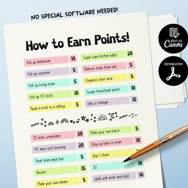 Editable How to Earn Points, Points Reward System, Reward Chart for Kids, Chores Tracker Printable, Reward Chore Routine, Kids Reward Bucks