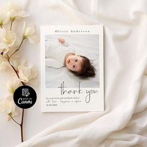 May include: A white thank you card with a photo of a baby girl. The card says "Olivia Anderson" and "thank you for your lovely gift and kind wishes! with love - beryonen & sophia 22-01-2024".