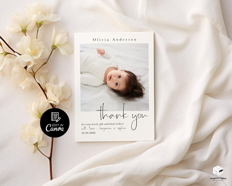 May include: A white thank you card with a photo of a baby girl. The card says "Olivia Anderson" and "thank you for your lovely gift and kind wishes! with love - beryonen & sophia 22-01-2024".
