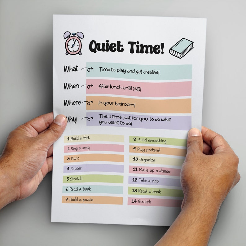 Quiet Time Chart for Kids, Daily Schedule Idea, Editable Daily