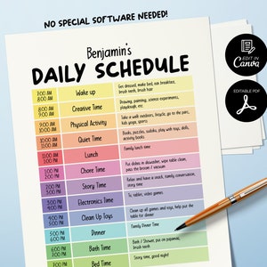 Editable Daily Schedule for Kids, Printable Daily Planner for Kids, Editable Behavior Chart, Responsibility Chart, Chore Chart, Checklist