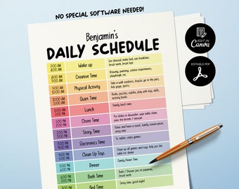 Colorful Daily Schedule Template, Daily Planner for Kids Printable, Editable Behavior Chart, Responsibility Chart, Rainbow Daily Schedule