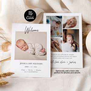 Modèle de faire-part de naissance photo modifiable, carte de statistiques de naissance imprimable, faire-part de nouveau-né, carte de statistiques de naissance simple, téléchargement immédiat