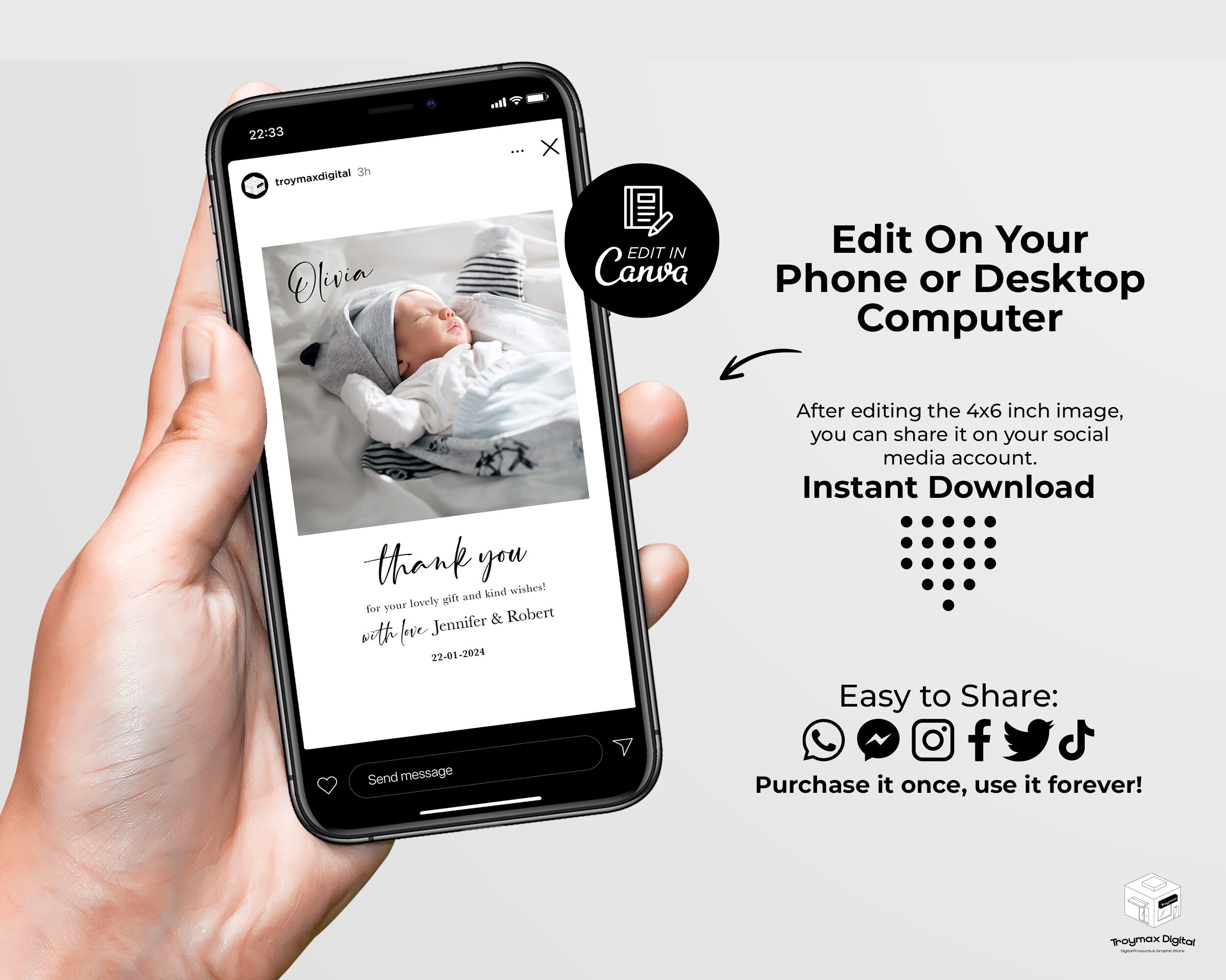 Baby Announcement Thank You Card, Photo Thank You Card for Newborn Baby