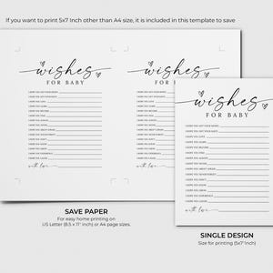 K&ouml;nnte beinhalten: Wei&szlig;e Papierb&ouml;gen mit dem Text "wishes for baby" in einer zarten Schriftart. Die B&ouml;gen sind f&uuml;r eine Babyparty gedacht, mit Linien, auf denen die G&auml;ste ihre W&uuml;nsche aufschreiben k&ouml;nnen. Das Bild enth&auml;lt eine 5x7 Zoll Gr&ouml;&szlig;enoption.