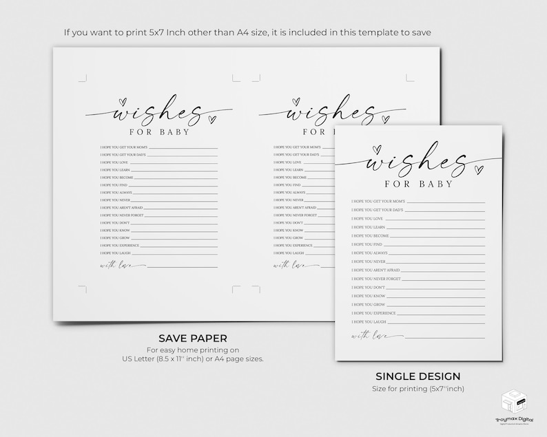 K&ouml;nnte beinhalten: Wei&szlig;e Papierb&ouml;gen mit dem Text "wishes for baby" in einer zarten Schriftart. Die B&ouml;gen sind f&uuml;r eine Babyparty gedacht, mit Linien, auf denen die G&auml;ste ihre W&uuml;nsche aufschreiben k&ouml;nnen. Das Bild enth&auml;lt eine 5x7 Zoll Gr&ouml;&szlig;enoption.