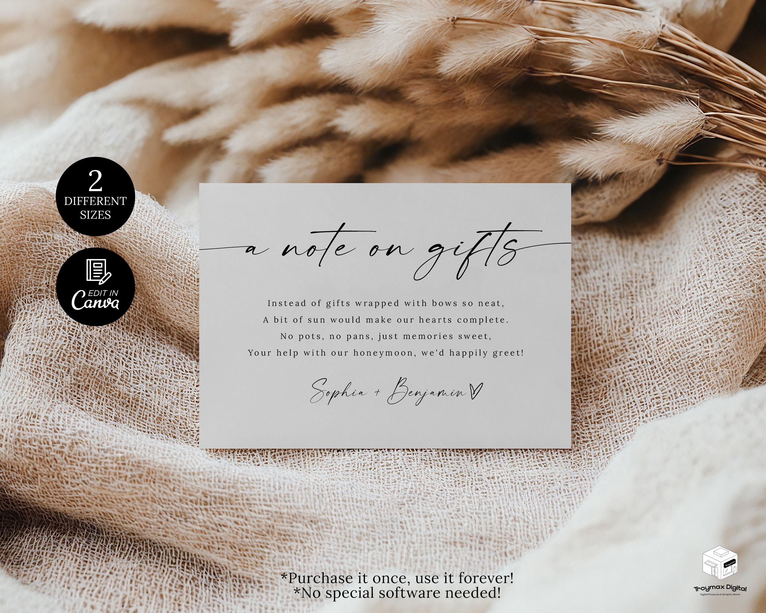 A Note on Gifts Card Template, Wedding Cash Gift Card, Wedding Gift ...