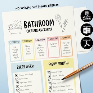 Bathroom Cleaning Checklist, Bathroom Cleaning Checklist for Kids, Bathroom Prints, Kids Bathroom Ideas, Cleaning Schedule, Cleaning planner