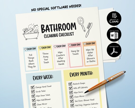 Bathroom Cleaning Checklist, Bathroom Cleaning Checklist for Kids, Bathroom Prints, Kids Bathroom Ideas, Cleaning Schedule, Cleaning planner