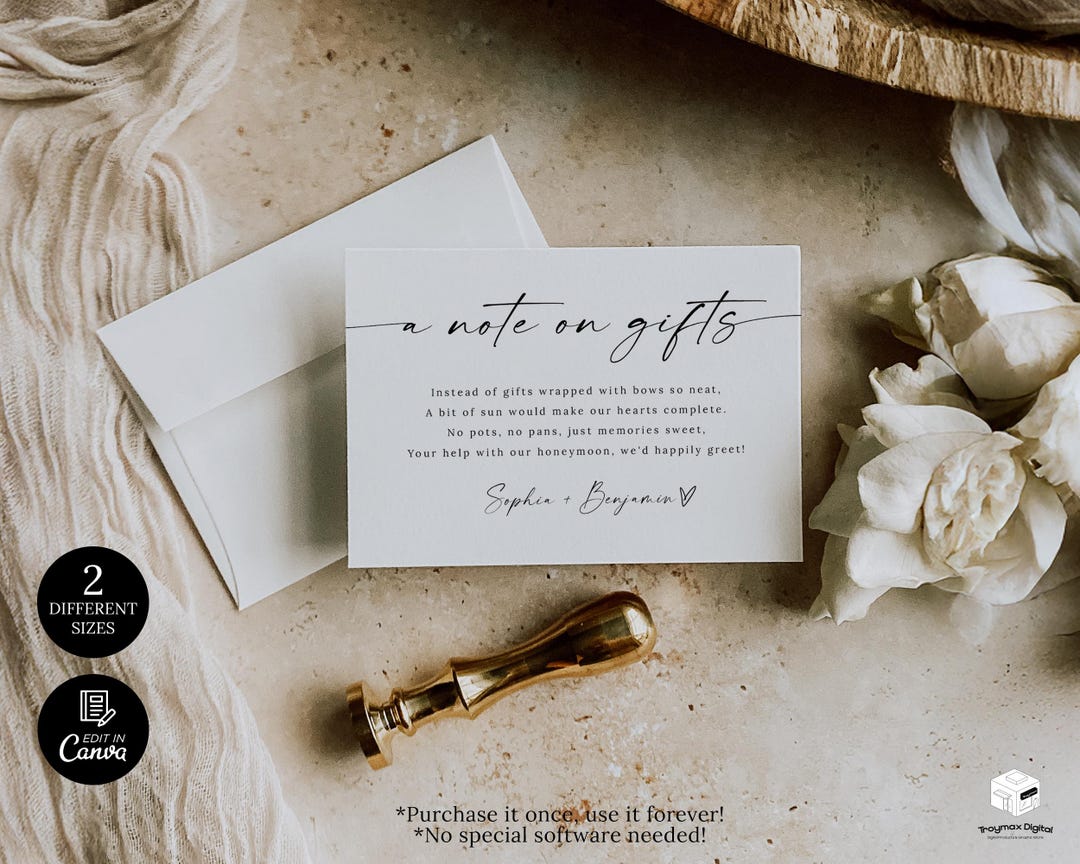 Simple Gift Note A Note on Gifts Card Template, Wedding Cash Gift Card, Wedding Gift ...