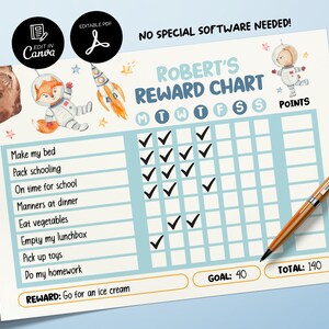 Editable Space Animals Reward Chart, Printable Chore Chart for Kids, Good Behavior Tracking, Daily Behavior Checklist, Behavior Management