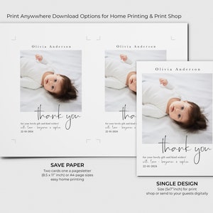 May include: Two printable thank you cards featuring a baby in a white onesie. The cards are designed with a simple white background and black text. The text reads "Olivia Anderson" and "thank you for your lovely gift and kind wishes! with love - [names]" and the date "22-01-2024".