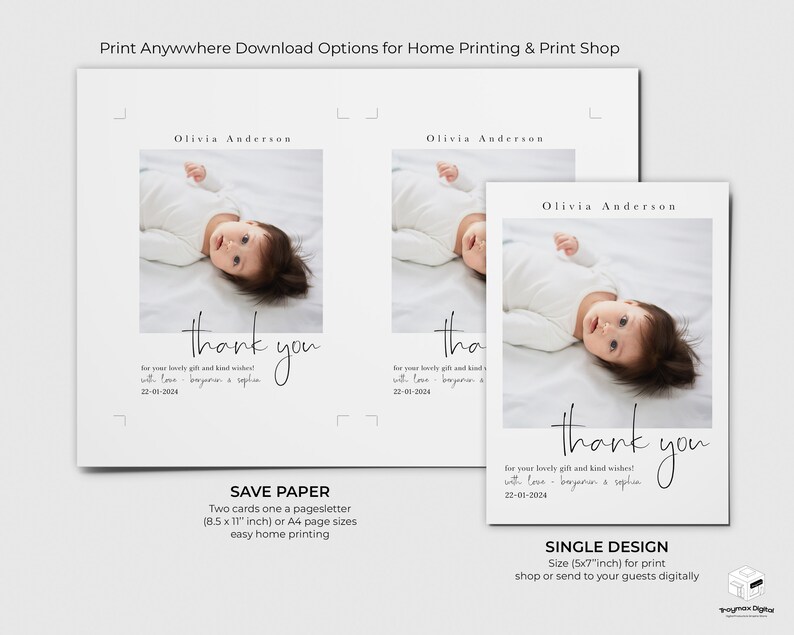May include: Two printable thank you cards featuring a baby in a white onesie. The cards are designed with a simple white background and black text. The text reads "Olivia Anderson" and "thank you for your lovely gift and kind wishes! with love - [names]" and the date "22-01-2024".