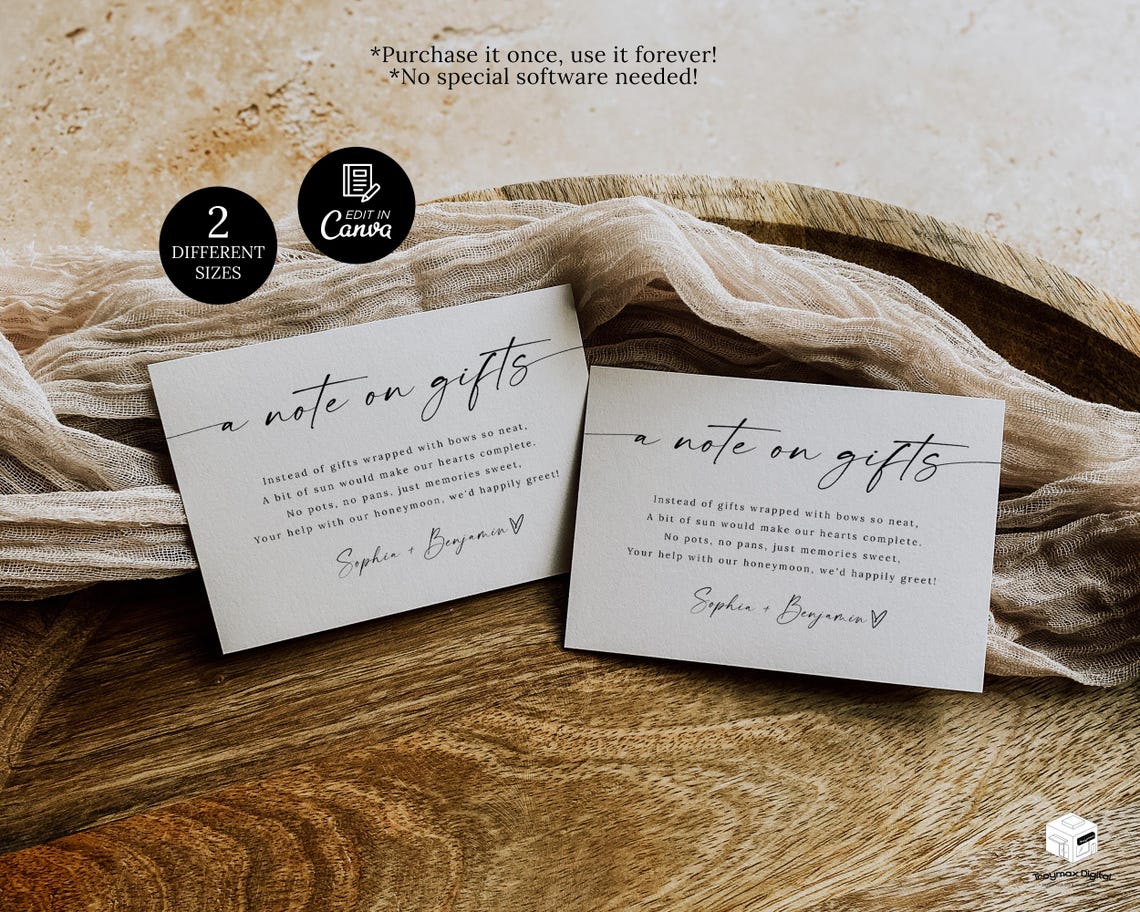 A Note on Gifts Card Template, Wedding Cash Gift Card, Wedding Gift ...