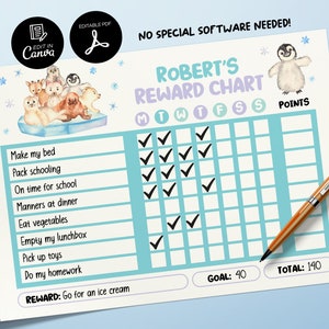 Editable Arctic animals Reward Chart, Printable Chore Chart for Kids, Good Behavior Tracking, Daily Behavior Checklist, Behavior Management