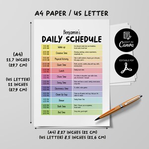 May include: A printable daily schedule template for kids, featuring a rainbow color scheme and a list of activities from wake-up to bedtime. The template is labeled "Benjamin's Daily Schedule" and includes times for each activity, such as "Wake up", "Creative Time", "Physical Activity", "Quiet Time", "Lunch", "Chore Time", "Story Time", "Electronics Time", "Clean Up Toys", "Dinner", "Bath Time", and "Bed Time".