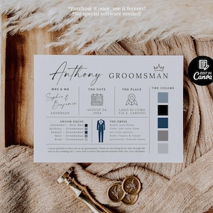 K&ouml;nnte beinhalten: Eine Hochzeits-Einladungskarte mit dem Namen "Anthony GROOMSMAN" in eleganter Schrift. Die Karte enth&auml;lt Details wie Datum, Ort und Farbpalette. Der Text "Purchase it once, use it forever! No special software needed!" ist ebenfalls sichtbar.