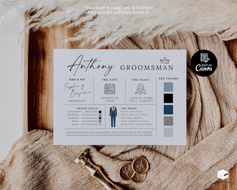 K&ouml;nnte beinhalten: Eine Hochzeits-Einladungskarte mit dem Namen "Anthony GROOMSMAN" in eleganter Schrift. Die Karte enth&auml;lt Details wie Datum, Ort und Farbpalette. Der Text "Purchase it once, use it forever! No special software needed!" ist ebenfalls sichtbar.