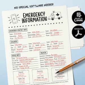 Emergency Contact Information for Kids, Babysitter Info Sheet, Contact form, Important Info Childcare Notes, Checklist for Nanny Canva