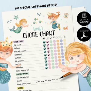 Bewerkbare dagelijkse takenkaart voor kinderen, afdrukbare dagelijkse planner voor kinderen, dagelijkse checklist voor kinderen, thema schattig zeemeermin, afdrukbare takenkaart