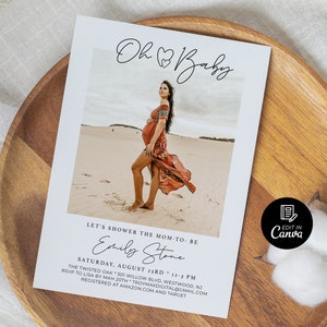 Cartão de fotografia de gravidez, modelo de anúncio de bebê, modelo de convite personalizado para chá de bebê, cartão postal para pais com anúncio de novo bebê