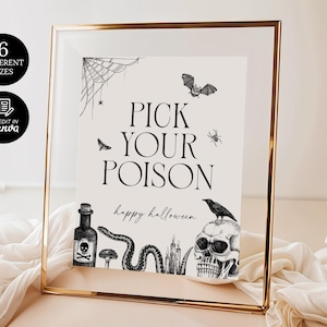 May include: A framed Halloween print with a gold-coloured frame. The print features the text "PICK YOUR POISON" and "happy halloween" with illustrations of a spiderweb, bat, spider, poison bottle, snake, skull, and crow. The print is available in 6 different sizes and can be edited in Canva.