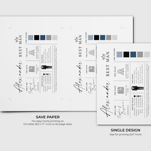 K&ouml;nnte beinhalten: Zwei wei&szlig;e Hochzeitseinladungsvorlagen mit dem Text "Best Man" und dem Namen "Alexander". Das Design umfasst Farbfelder, Veranstaltungsdetails und den Text "Save Paper" und "Single Design".