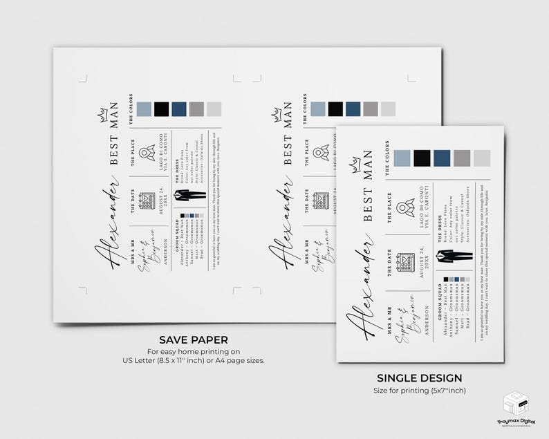 K&ouml;nnte beinhalten: Zwei wei&szlig;e Hochzeitseinladungsvorlagen mit dem Text "Best Man" und dem Namen "Alexander". Das Design umfasst Farbfelder, Veranstaltungsdetails und den Text "Save Paper" und "Single Design".