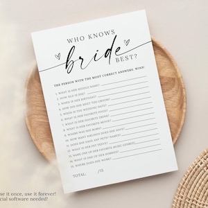 May include: A printable bridal shower game with the title "Who Knows the Bride Best?"  The game has 15 questions about the bride, such as her middle name, age, birthday, and favorite food.  The person with the most correct answers wins.