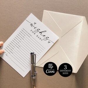 K&ouml;nnte beinhalten: Eine Babyparty-Wunschkarte mit den Worten "wishes for baby" in eleganter Schrift. Die Karte wird von einem cremefarbenen Umschlag und einem silbernen Stift begleitet. Das Bild enth&auml;lt auch zwei schwarze Kreise mit dem Text "Edit in Canva" und "3 Different Sizes".