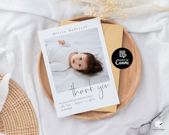 Photo Thank You Card for Newborn Baby with Name, Birth Card, Personalized Birth Announcement Thank You Card, Baby Thank You Card Template