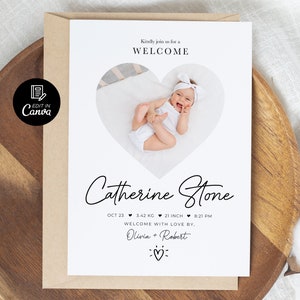 Faire-part de bébé coeur, carte postale de nouveau-né, faire-part de naissance avec photo, carte postale photo imprimable encadrée de coeur, carte de statistiques de naissance