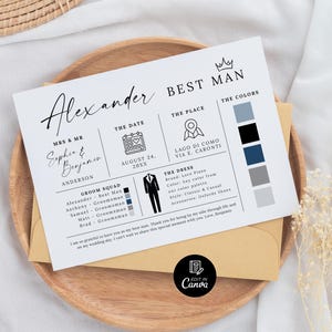 K&ouml;nnte beinhalten: Eine wei&szlig;e Hochzeitseinladungskarte mit dem Text "Best Man" und dem Namen "Alexander" in Schreibschrift. Die Karte enth&auml;lt Hochzeitsdetails, Datum, Ort und Farbpalette sowie eine Liste der Trauzeugen. Die Karte liegt auf einem Holztablett.