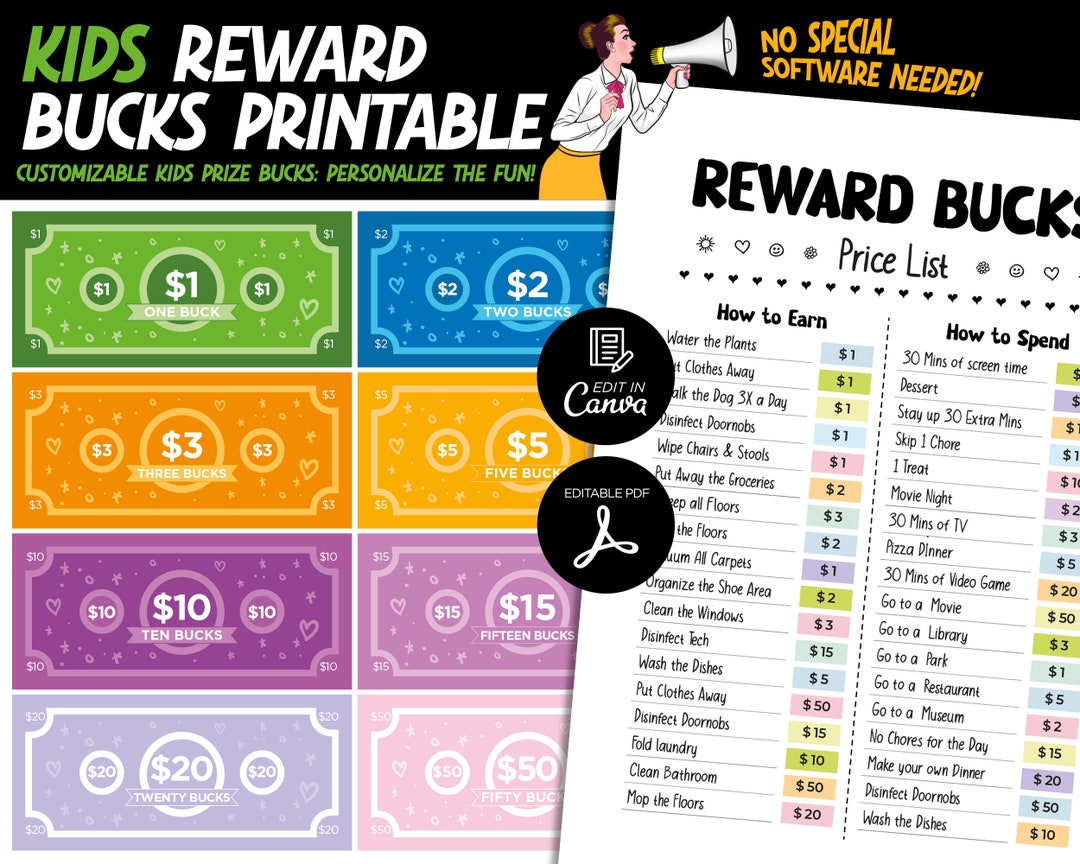 Editable Kids Reward Bucks Chart, Editable Kids Reward Bucks Earn Money Editable Kids Reward Bucks Chart, Editable Kids Reward Bucks Earn Money