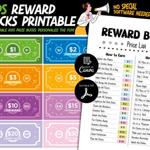 Editable Kids Reward Bucks Chart, Editable Kids Reward Bucks Earn Money Good Behavior Bucks Reward System for Child Play Money Pretend Money