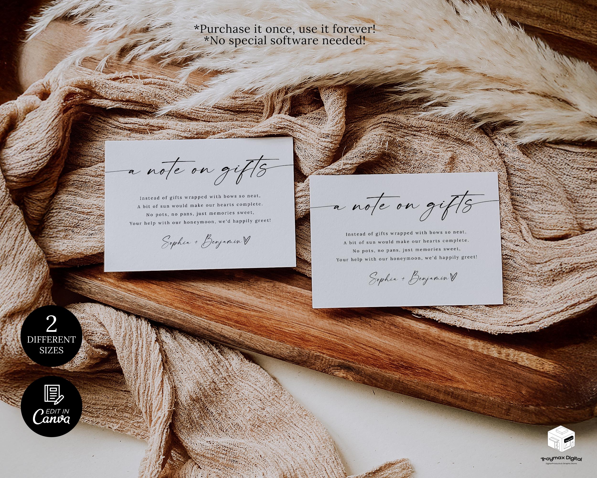 A Note on Gifts Card Template, Wedding Cash Gift Card, Wedding Gift ...