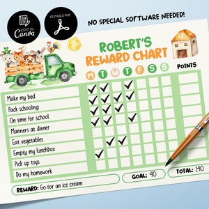 Editable Farm Animals Reward Chart, Printable Chore Chart for Kids, Good Behavior Tracking, Daily Behavior Checklist, Behavior Management