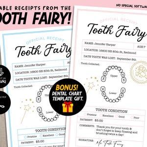 Plantilla de certificado de recibo del Hada de los Dientes, Hada de los Dientes para niños, Recibo editable del Hada de los Dientes, Hada de los Dientes oficial, Tabla de cepillado mensual