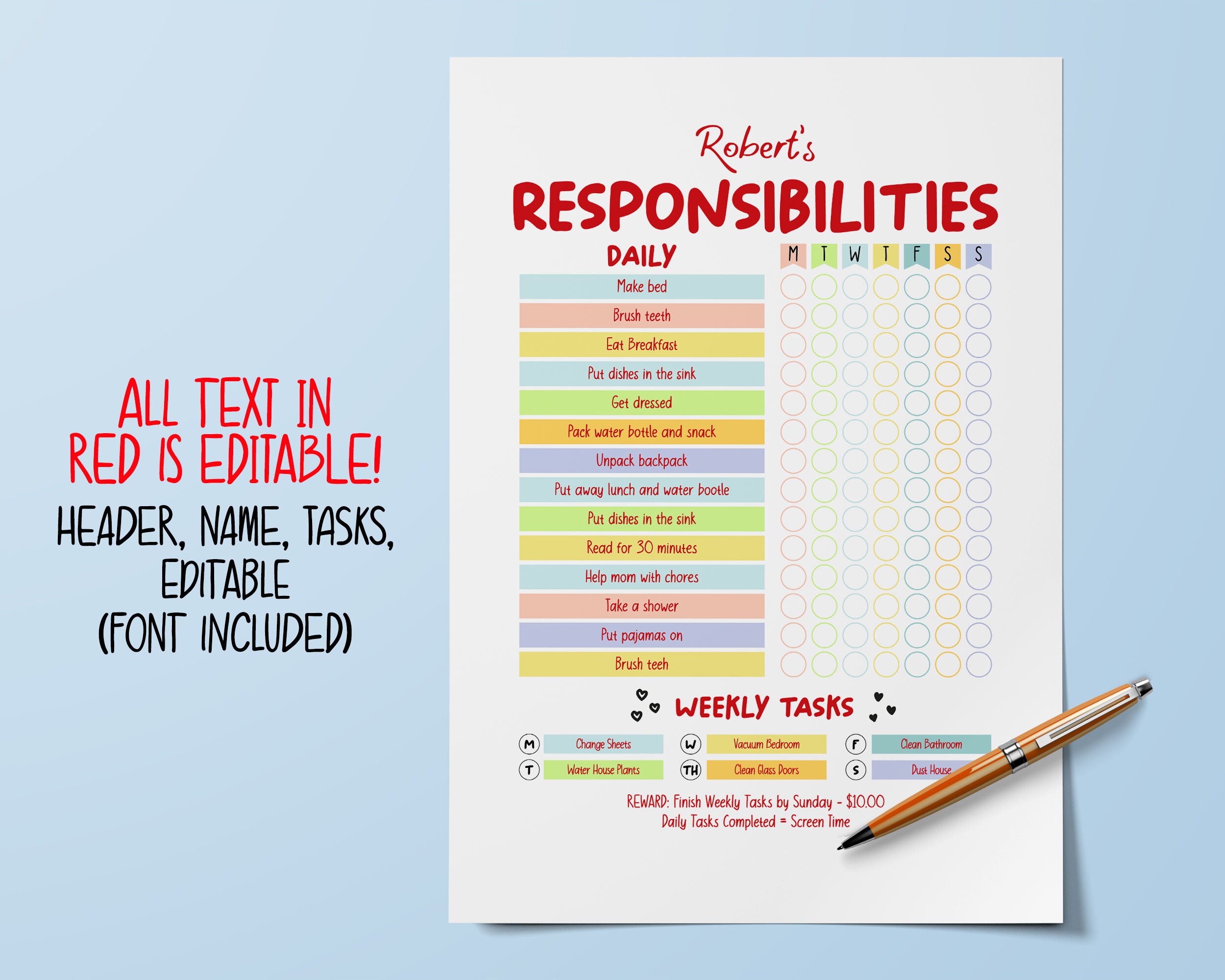 Kids Responsibilities Chart Printable, Daily Planner for Kids, Editable ...