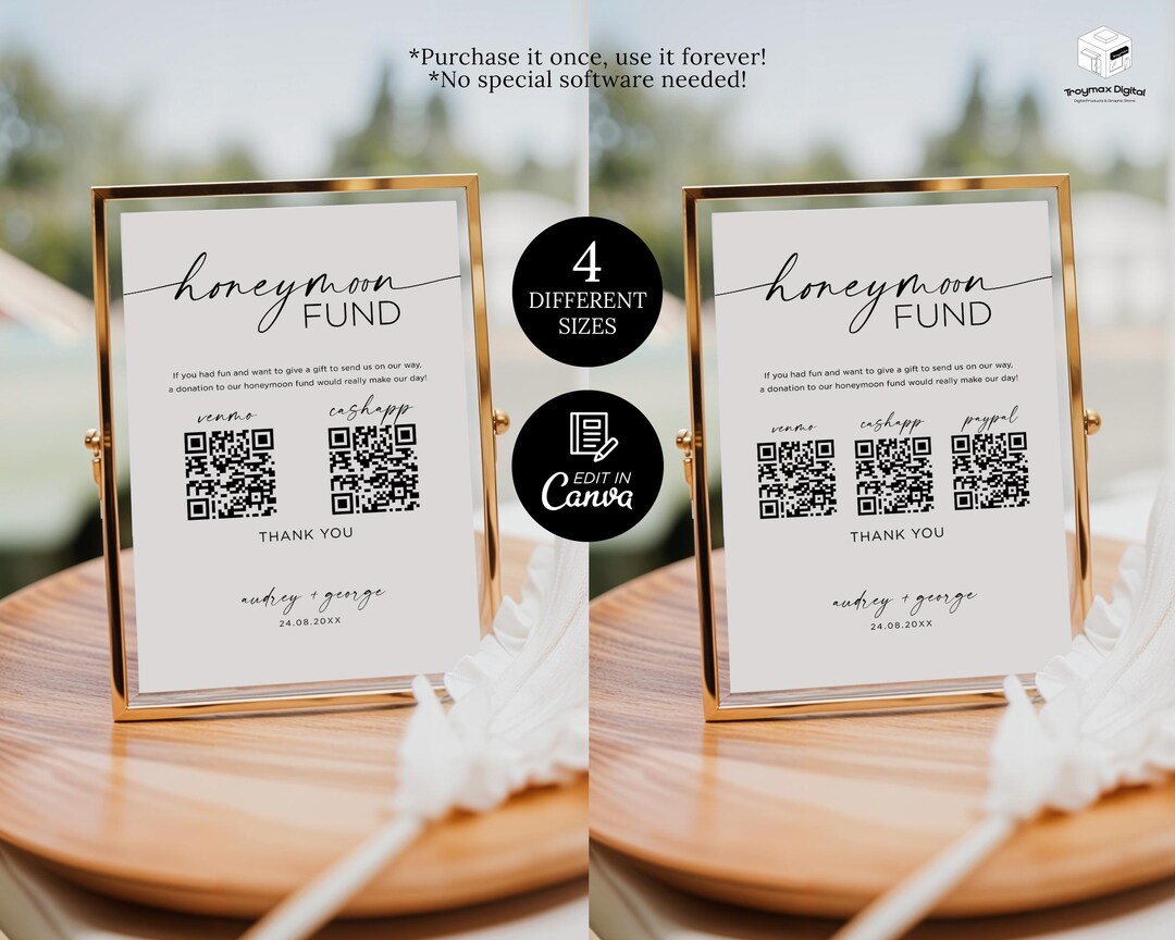 Honeymoon Fund QR Code Sign Template, Minimalist Wedding Cash Gift