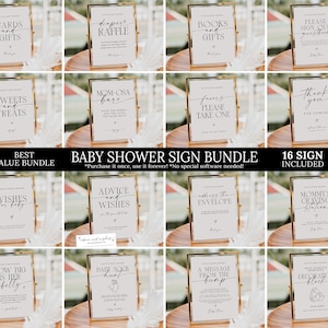 Op de afbeelding: Een verzameling van 16 babyborrelborden in gouden frames, met verschillende berichten zoals "Kaarten en cadeaus", "Luierloterij" en "Mommy's Craving Station". De borden worden gepresenteerd op een houten oppervlak.