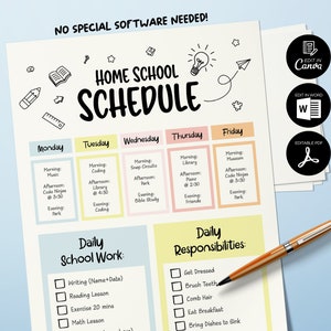 Homeschool Schedule, Chart for Kids Editable, Printable Daily Planner for Kids, Schedule Printable, Kids for Schedule, Kids for Planner