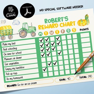Editable Tractor Checklist, Farmer Reward Chart, Printable Chore Chart for Kids, Good Behavior Tracking, Daily Behavior Checklist Canva