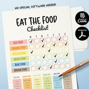 Eat the Rainbow Chart, Gesunde Ernährung Tracker, Gesunde Ernährung, Kinder Lunchbox Bearbeitbar, Kinder Ernährung, Lebensmittelliste, Eat The Rainbow Checkliste