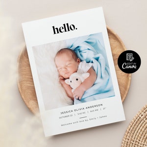 Modèle photo de faire-part de naissance, carte de statistiques de naissance imprimable, faire-part de naissance bonjour, carte de statistiques de naissance simple, téléchargement immédiat